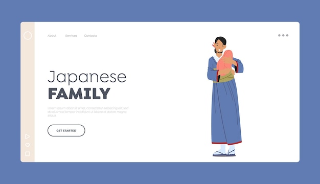 Japanese Family Landing Page Template Asian Woman with Baby on Hands Young Smiling Mother Character with Newborn Child