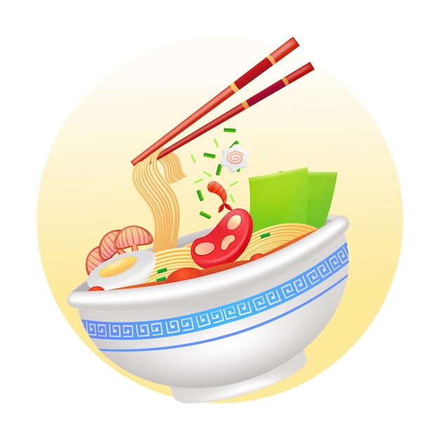 Japanese food 3d illustration of ramen in a bowl on white