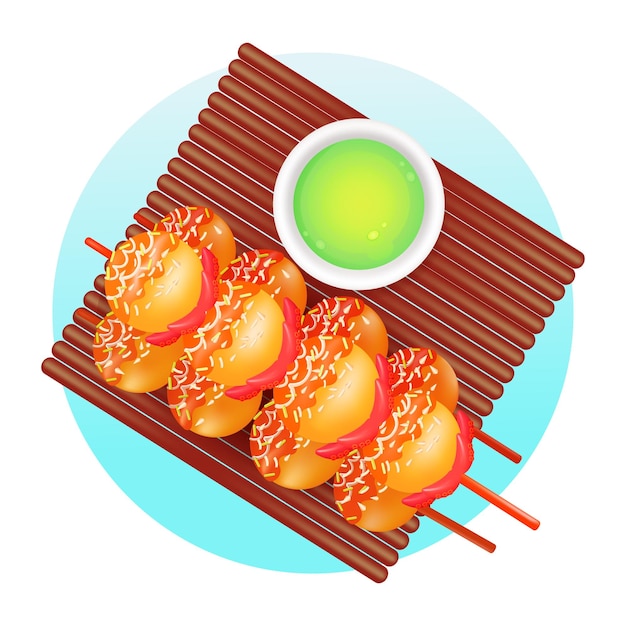 Japanese food 3d illustration of takoyaki and green tea