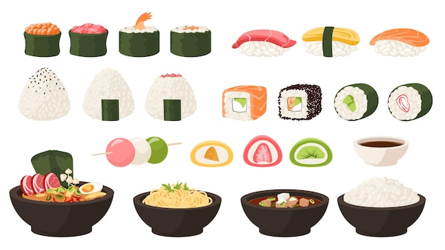 Japanese food Asian cuisine Cartoon sushi and rolls Oden soup or okonomiyaki Traditional sweets Yummy mochi and dango Bowls of tasty noodles tempura Vector oriental meal set