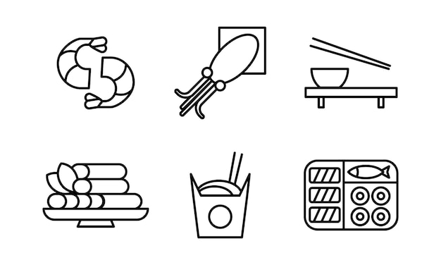 Japanese food black line icons set asian cuisine dishes vector illustration on a white background