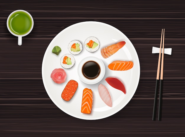 Japanese food on dark wooden table background