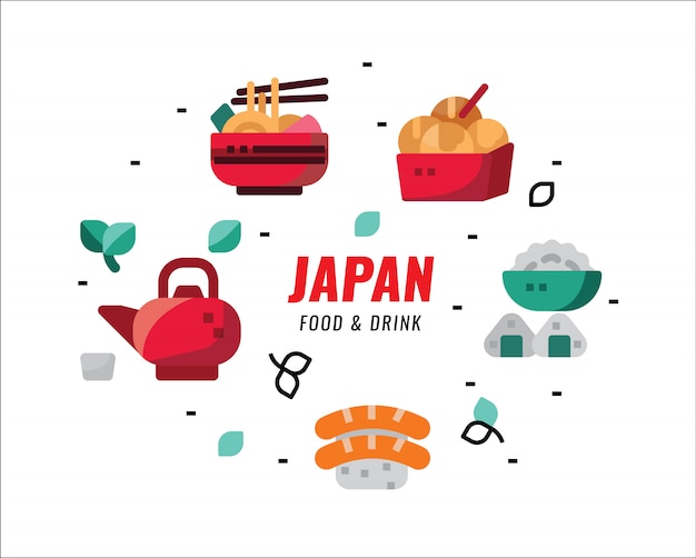 Japanese foods and drinks. flat design elements. vector illustration