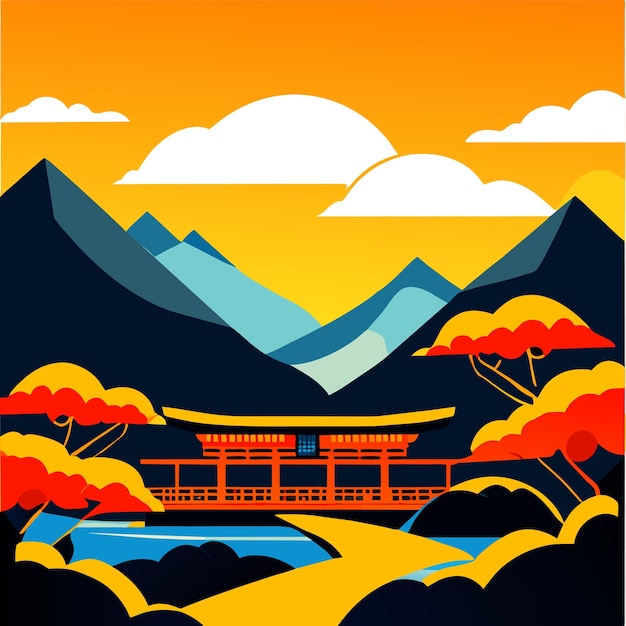 Japanese garden nature park mountain background bright children drawing in minimalist style