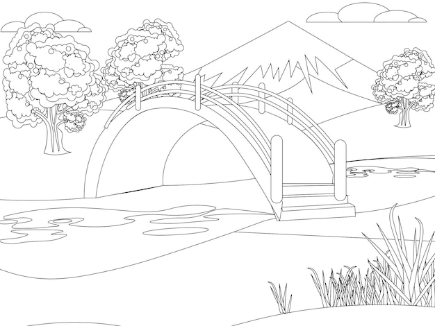 Japanese garden nature park Mountain background Bright children drawing In minimalist style