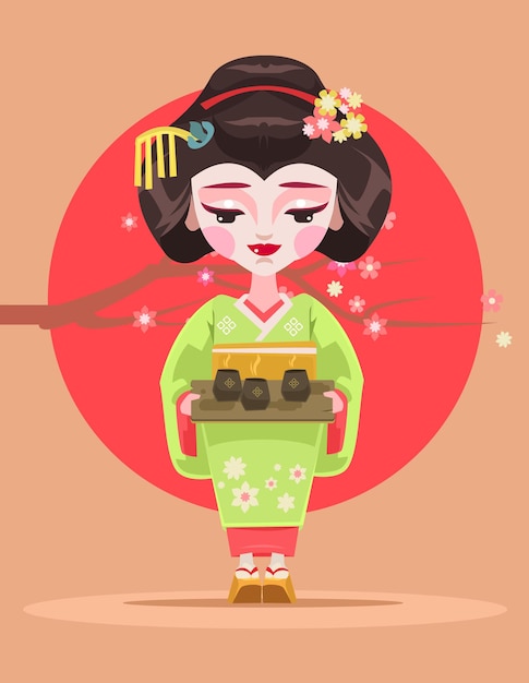 Japanese geisha character hold tea. Vector flat cartoon illustration