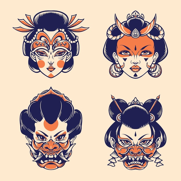 Vector japanese geisha mask vector set