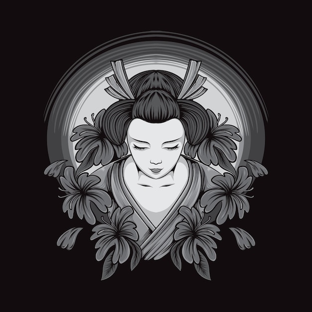 Japanese geisha woman illustration with flowers black and white