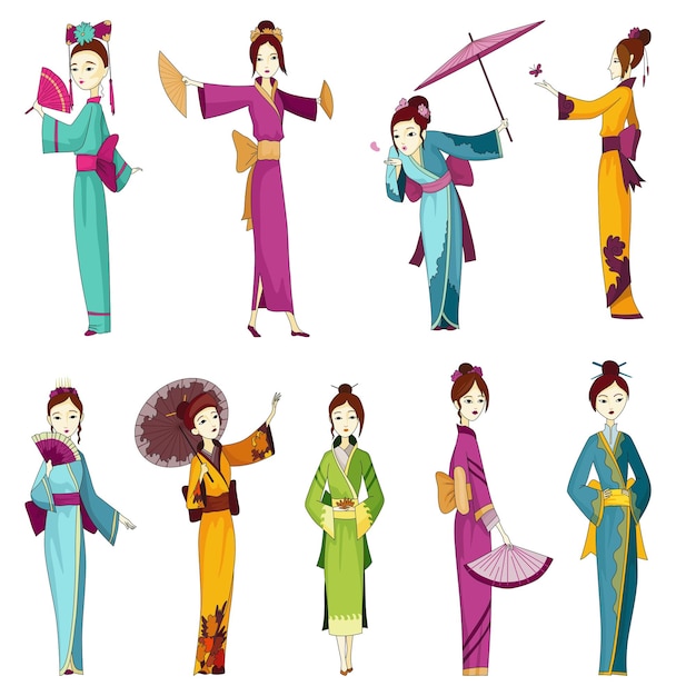 Vector japanese girls standing in kimono womens in traditional style costume full length portrait of typical japanese geishs