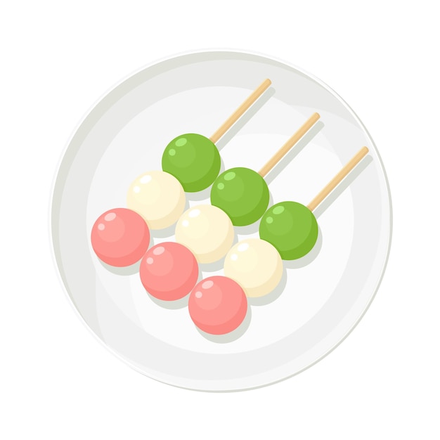 Vector japanese hanami dango sweet rice balls on plate  isolated vector asian food dessert illustration