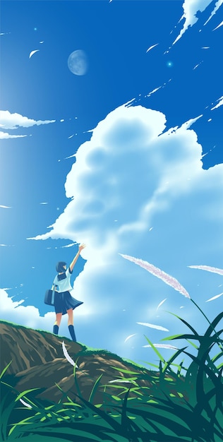 A japanese high school girl waving on a hill under the bright blue sky with the moon