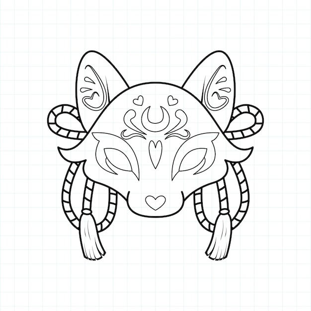 Japanese kitsune mask coloring page vector illustration