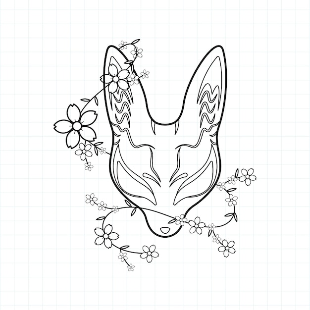 Japanese kitsune mask coloring pageector illustration