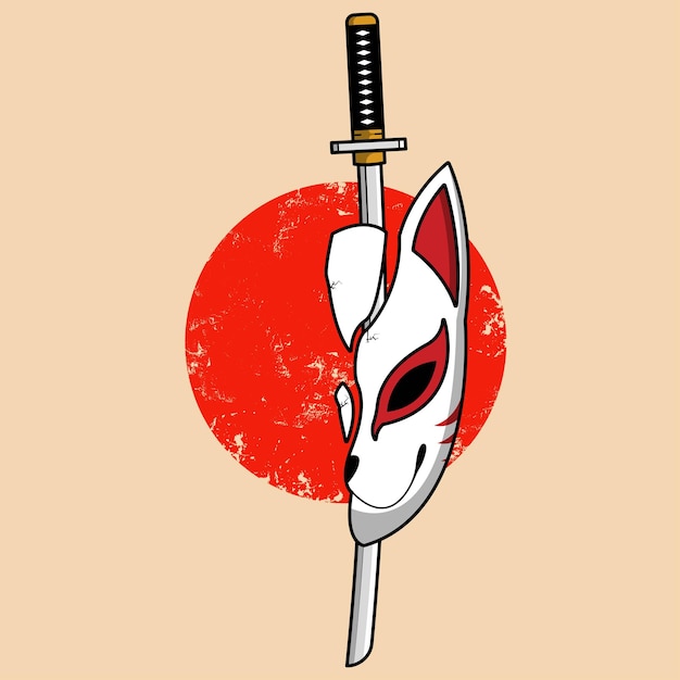 Japanese kitsune mask with katana sword, Vector illustration