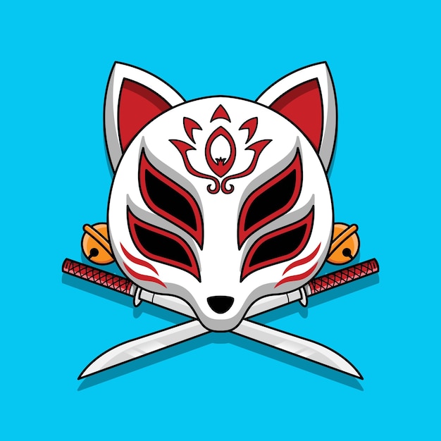 Japanese kitsune mask with katana sword, Vector illustration