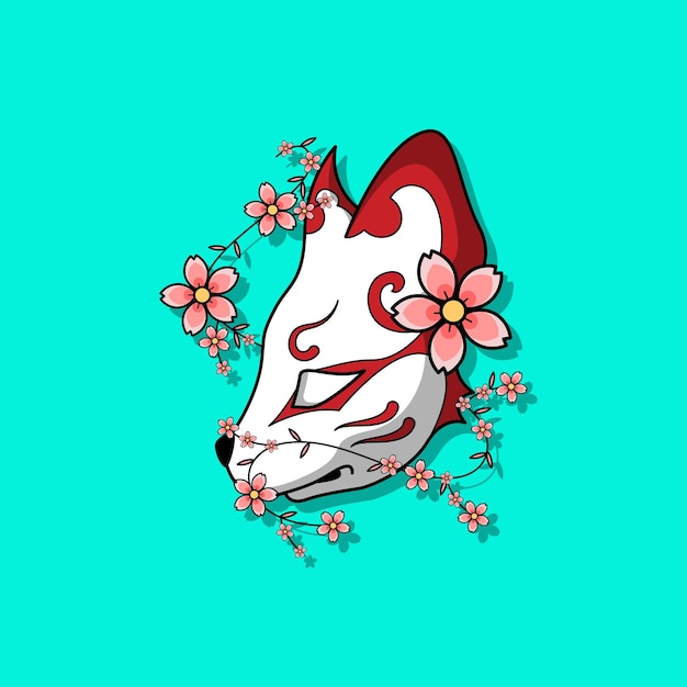 Japanese kitsune mask with sakura flower, Vector illustration