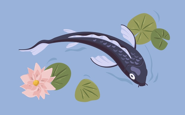 Japanese koi fish swimming in Asian pond with flower. Decorative carp in Japan water garden. Traditional oriental aquatic animal with waterlily and leaves. Colored flat vector illustration