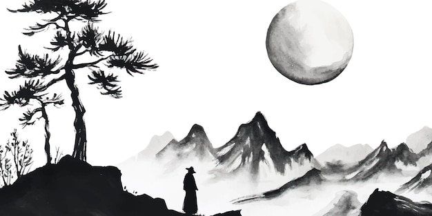 Vector a japanese landscape ink painting featuring mountains and forests with an ancient temple in the background