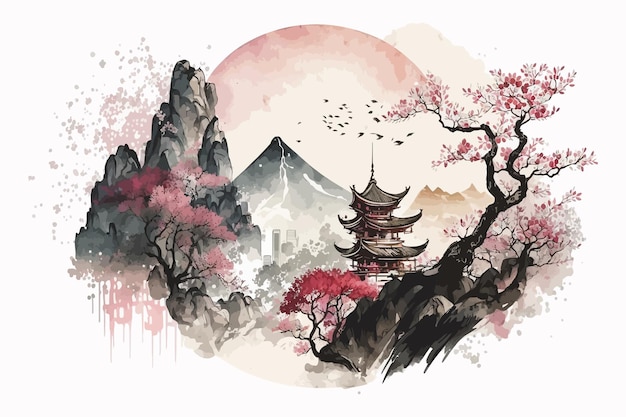 Japanese landscape Watercolor colorful mountain landscape Vector illustration