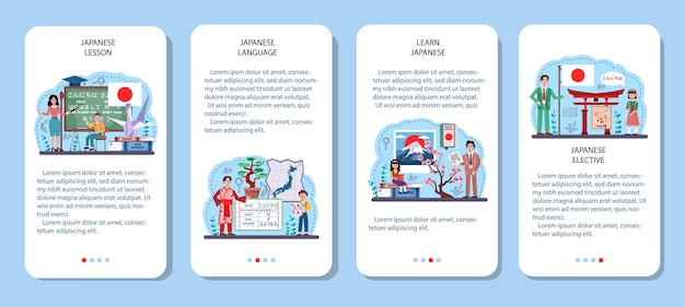 Japanese language mobile application banner set. Japanese school course