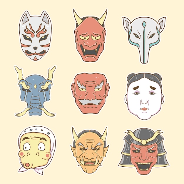 japanese mask set collection illustration premium