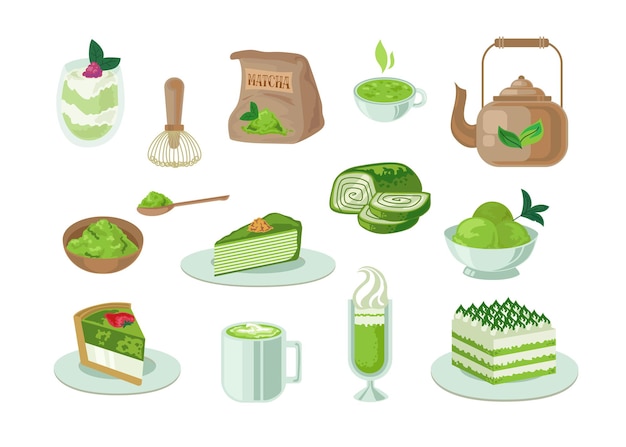 Japanese matcha tea food and drinks vector illustrations set. Products from matcha powder, desserts, teapot with green leaf, cafe menu elements isolated on white background. Food, culture concept