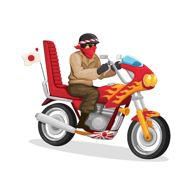 Japanese Motorbike Gangster aka Bosozoku character cartoon illustration vector