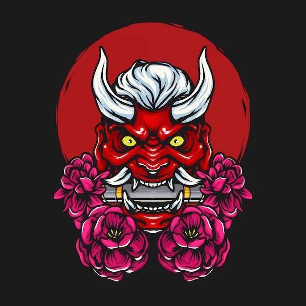 Japanese oni head with chrysanthemum flower illustration