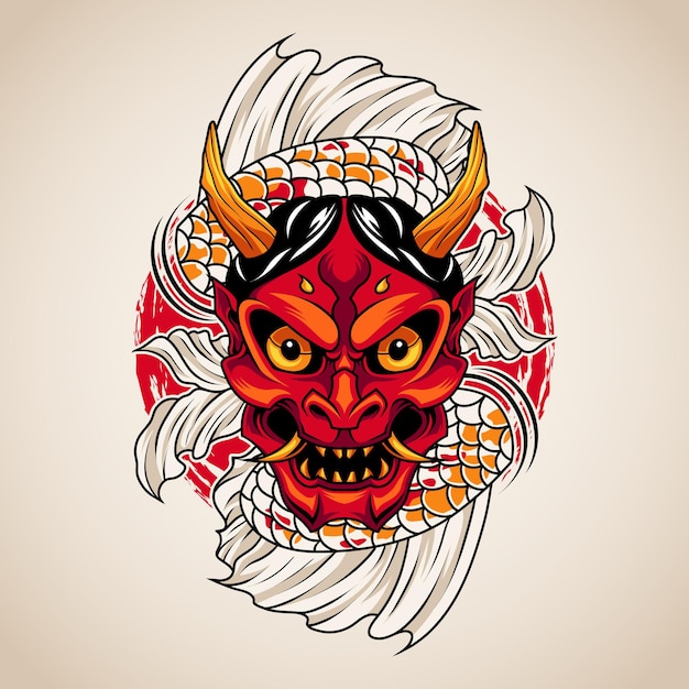 Japanese oni mask with koi fish ornament