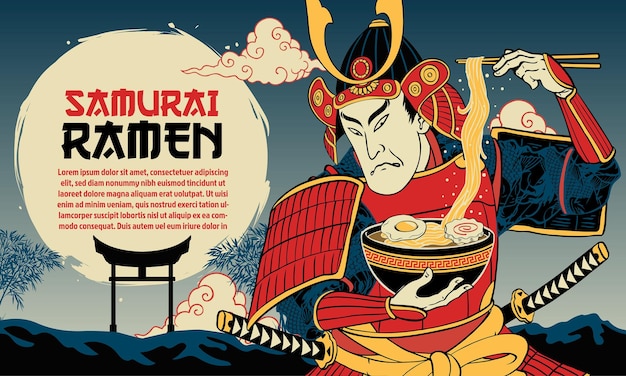 Japanese Painting Background of Samurai Warrior Eats Ramen Noodle