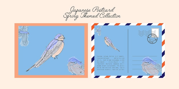 Vector japanese postcard with hand drawn barn swallow tsubame