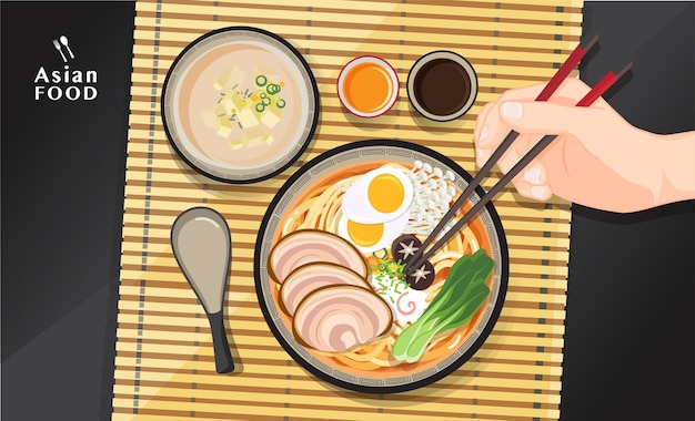 Japanese ramen noodle, Traditional Asian noodle soup, Illustration  .