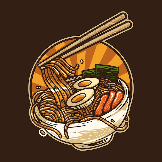 Japanese ramen noodle traditional food vintage illustration