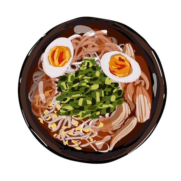 Japanese ramen soup with chicken noodles eggs chopped green onion Outlane doodle illustration for restaurant menu Top view Vector illustration