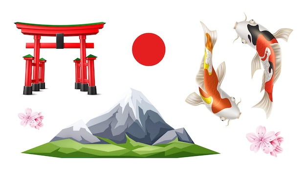 Japanese realistic Torii gate, Fuji mountain, sakura flowers, Koi carp fish, raising sun