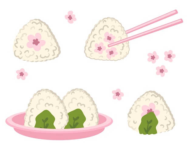 Vector japanese sakura onigiri rice balls collection perfect for stickers posters menu and stationery