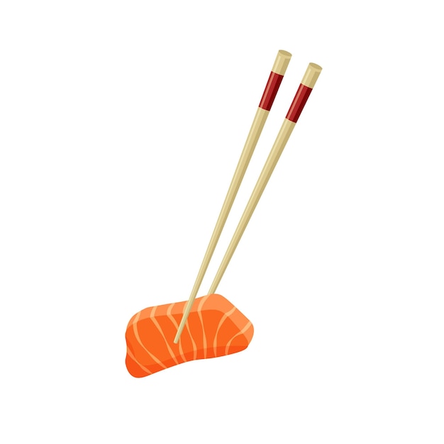 Japanese salmon sashimi. Chopsticks holding raw sliced fish. Traditional Asian food. Vector.