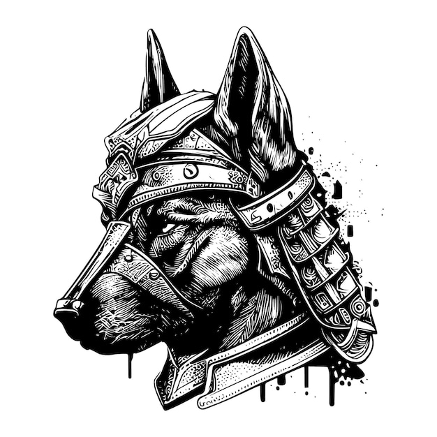 japanese samurai dog logo illustration black and white