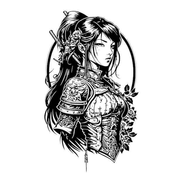 Vector japanese samurai girl line art hand drawn illustration