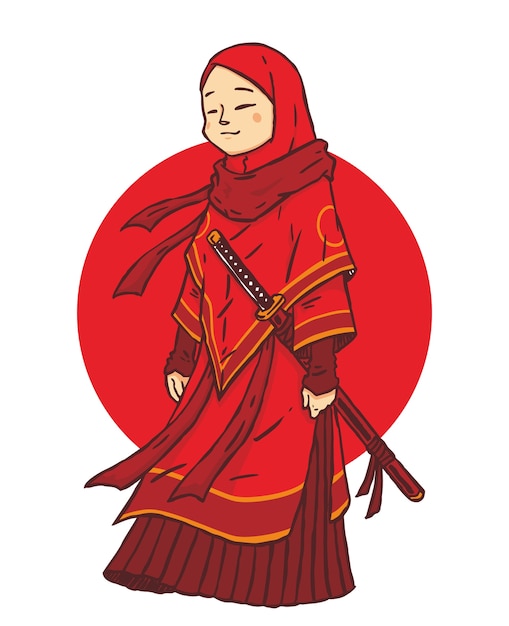 japanese samurai hijab girl illustration