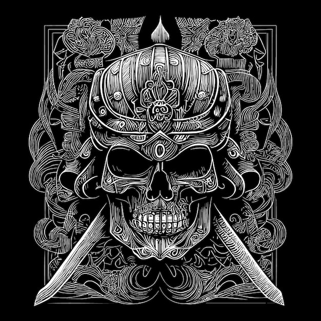 Japanese samurai skull illustration is a powerful and intimidating depiction of a warrior's head