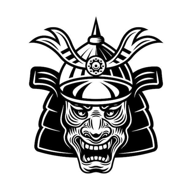 Japanese samurai warrior mask in helmet vector monochrome illustration isolated on white background