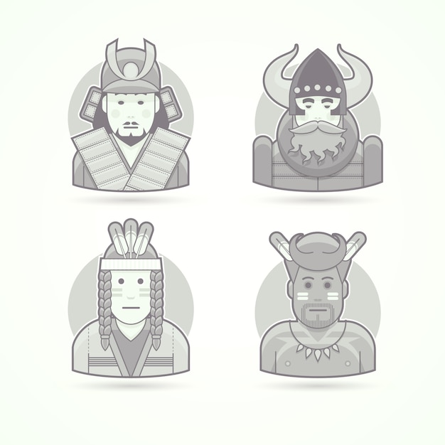 Japanese samurai warrior, viking, red indian man, native african aborigen. Set of character, avatar and person  illustrations.  black and white outlined style.