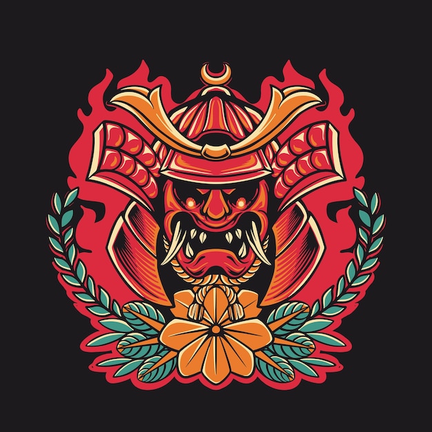 Japanese Samurai With Flower Retro Vector Illustration