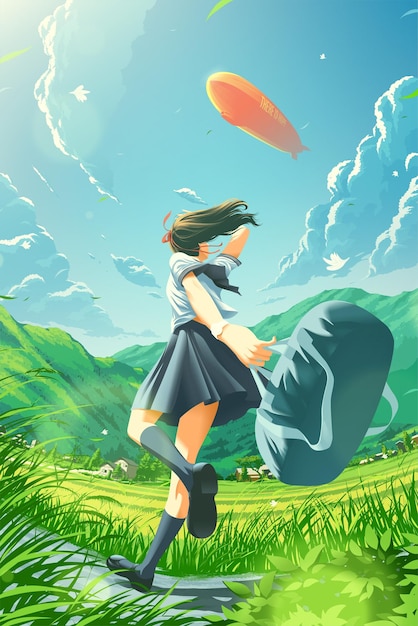 A Japanese school girl is running happily home in the countryside and noticing the zeppelin flying in the sky