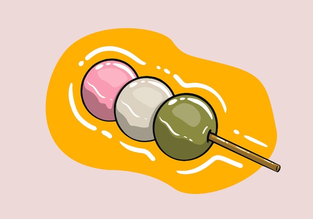 Vector japanese spring dango. three-color dumplings dangos. traditional japanese dessert. hand drawn