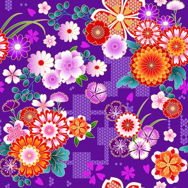 Japanese spring floral background in traditional kimono style