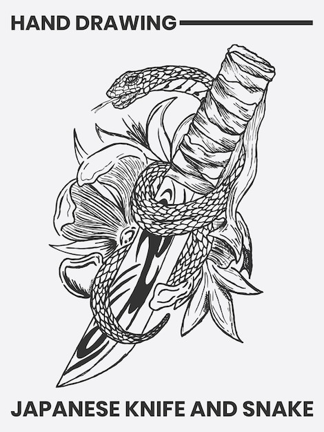 Japanese style knife and snake tattoo design with cherry blossom