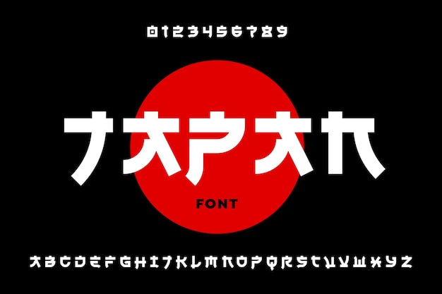 Japanese style Latin font design, alphabet letters and numbers