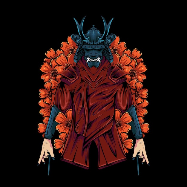 Japanese style samurai with oni mask and flower illustration for t shirt design and print